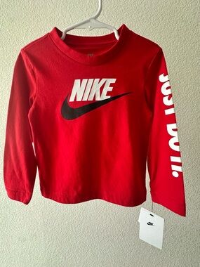 Nike Red Long-Sleeve Kids Tee with White Logo and Black Swoosh